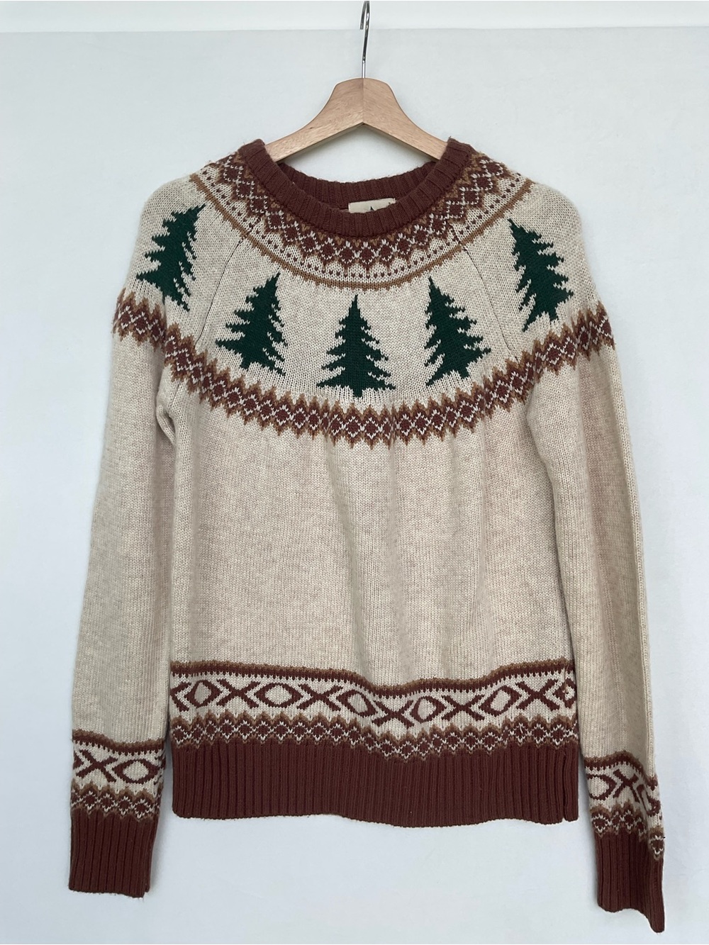 Kiel James Patrick Cream Sweater with Green Tree Motif and Brown Trim